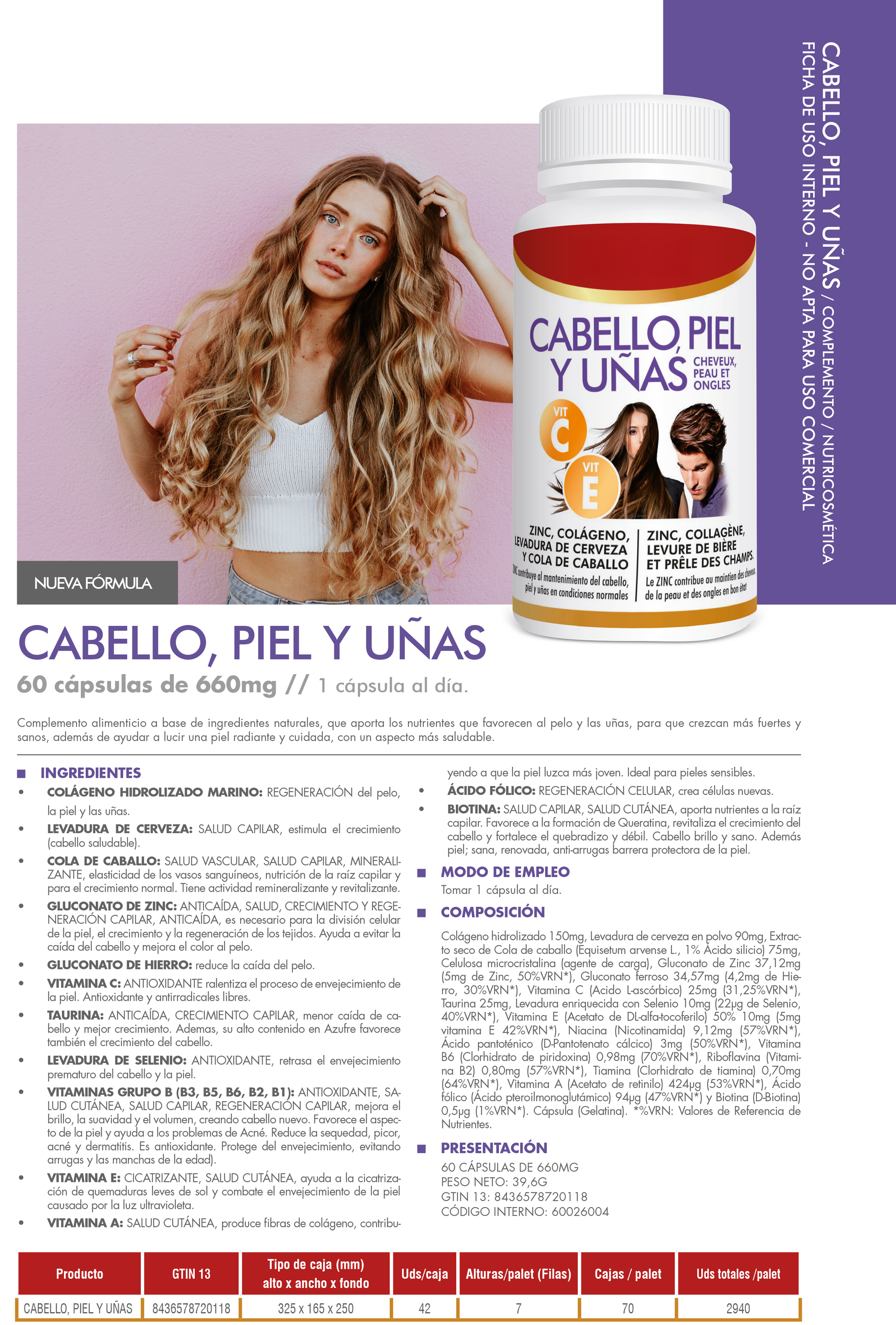 Suplemento para Cabello, Piel y Uñas – 60 Cápsulas | Con Biotina, Colágeno, Vitamina C y Zinc | Fortalece y Nutre desde el Interior