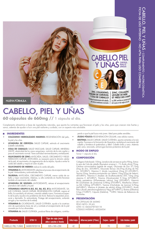 Suplemento para Cabello, Piel y Uñas – 60 Cápsulas | Con Biotina, Colágeno, Vitamina C y Zinc | Fortalece y Nutre desde el Interior