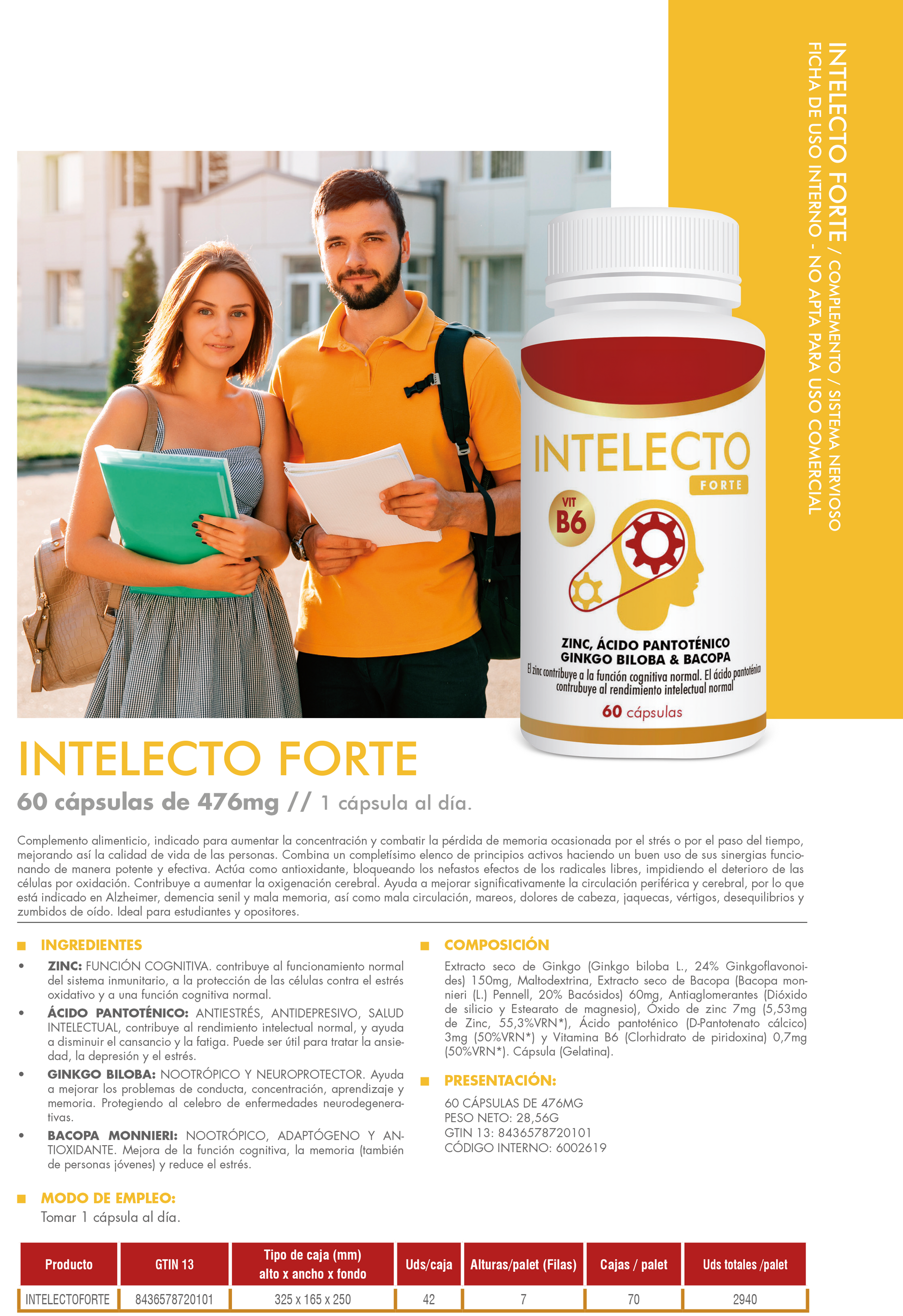 Intelecto Forte – 60 Cápsulas | Mejora Memoria, Concentración y Rendimiento Mental | Con Ginkgo Biloba, Omega-3 y Vitaminas B