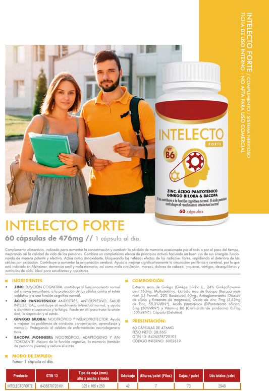 Intelecto Forte – 60 Cápsulas | Mejora Memoria, Concentración y Rendimiento Mental | Con Ginkgo Biloba, Omega-3 y Vitaminas B